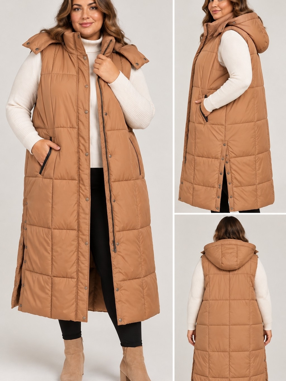 Bagatelle Collection Women’s 2X Longline Hooded Puffer Vest Camel Plus Size